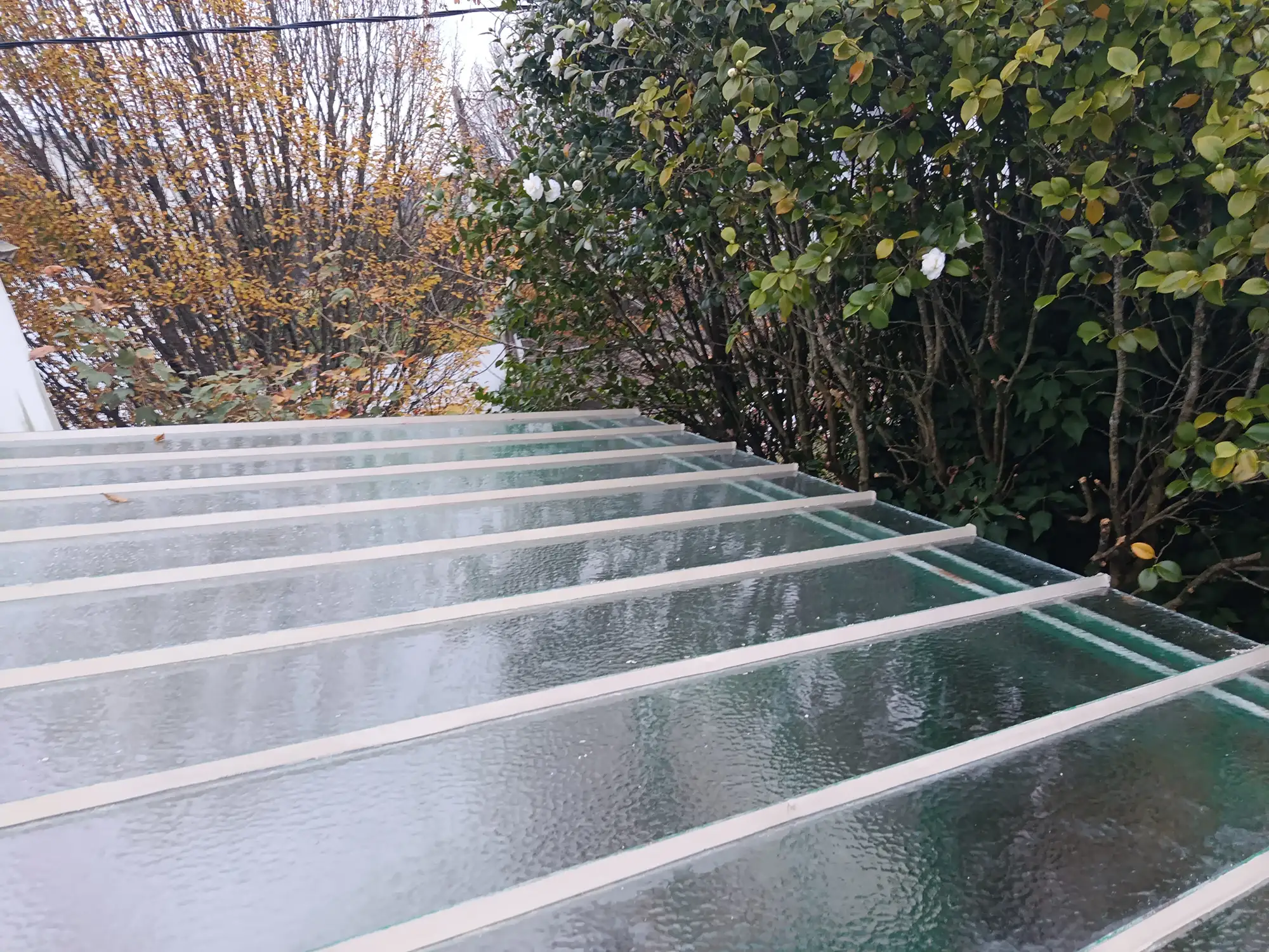 Toiture de véranda entièrement rénovée avec un nouveau vitrage texturé, assurant luminosité et propreté.